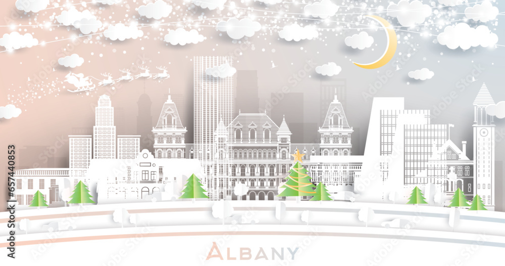 Albany New York. Winter City Skyline in Paper Cut Style with Snowflakes, Moon and Neon Garland. Christmas and New Year Concept. Albany Cityscape with Landmarks.