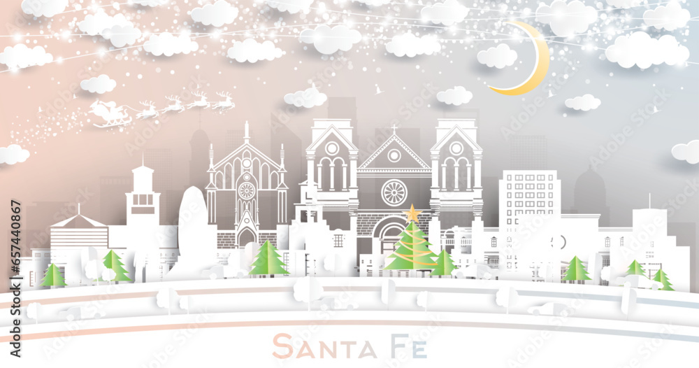 Fototapeta premium Santa Fe New Mexico USA. Winter City Skyline in Paper Cut Style with Snowflakes, Moon and Neon Garland. Christmas and New Year Concept. Santa Fe Cityscape with Landmarks.
