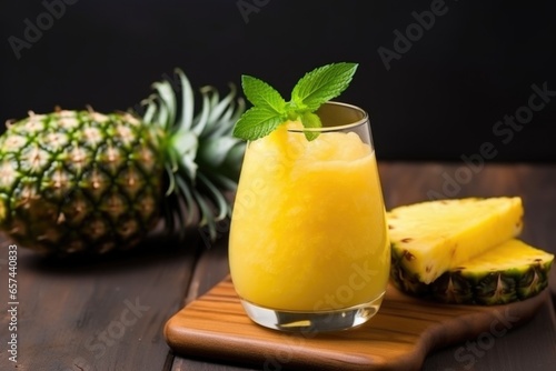 close-up of freshly prepared pineapple juice in glass
