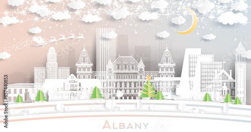Albany New York. Winter City Skyline in Paper Cut Style with Snowflakes, Moon and Neon Garland. Christmas and New Year Concept. Albany Cityscape with Landmarks.