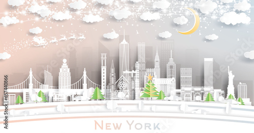 New York USA. Winter City Skyline in Paper Cut Style with Snowflakes, Moon and Neon Garland. Christmas and New Year Concept. New York Cityscape with Landmarks.