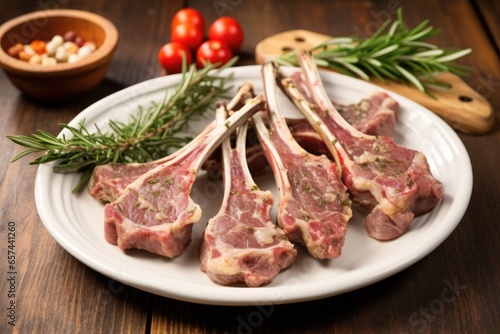 lamb cutlets on a ceramic dish with garlic cloves and rosemary twigs