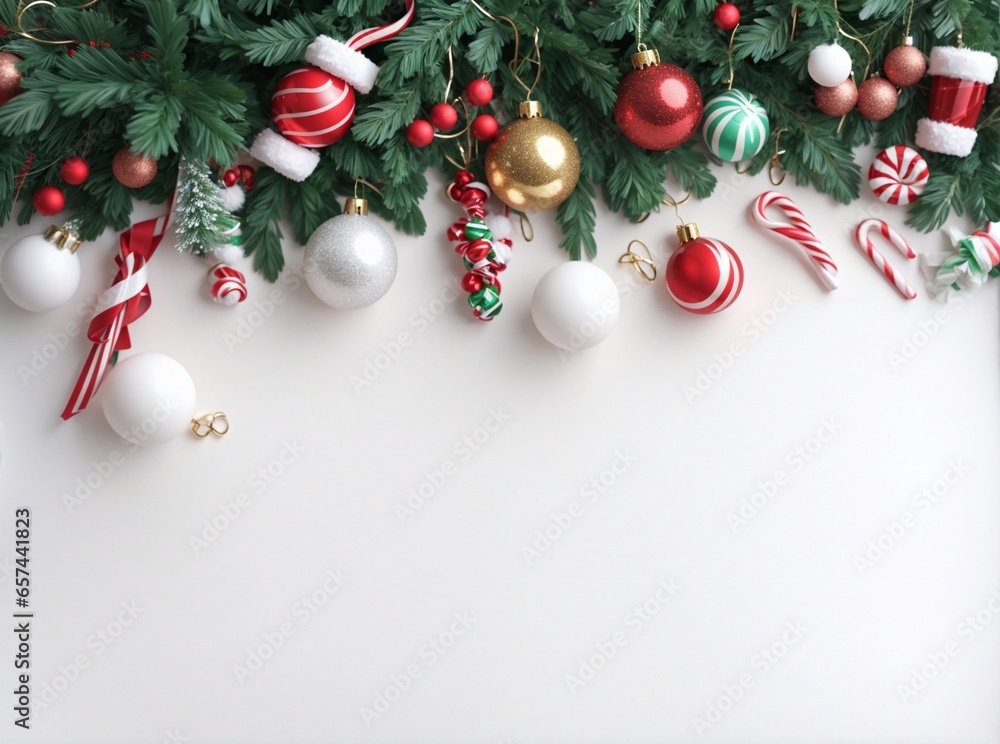 Festive Christmas Background with Tree, Decorations, Ornaments, Candy, Stockings, and Gifts Festive Christmas Background with Tree, Decorations, Ornaments, Candy, Stockings, and Gifts