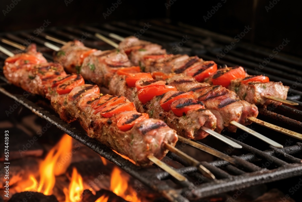 rack of lamb chops on the grill, fat sizzling