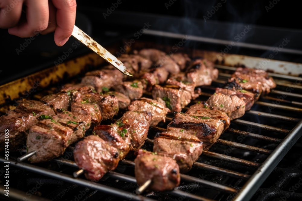 spicy lamb kebabs being brushed with marinade