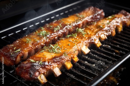 ribs under a broiler showing caramelizing sauce
