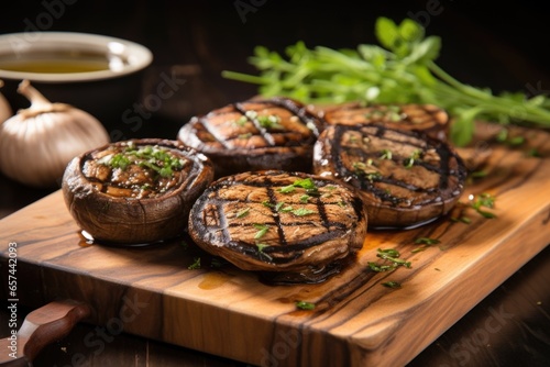 grilled portobello mushrooms on a wooden platter