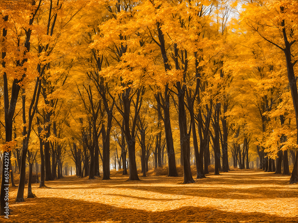 Yellow trees and fallen leaves create a vibrant autumnal scene, showcasing the beauty of nature in its golden hues
