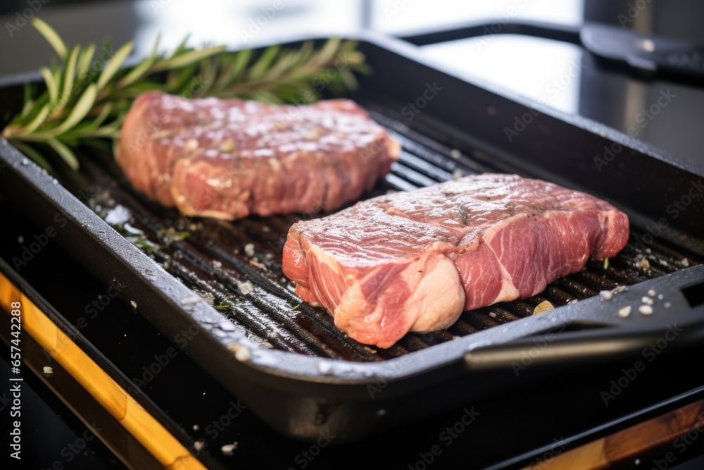 setting a trimmed ribeye steak on a grill pan