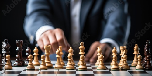 businessman moving chess piece on chess board game, generative AI