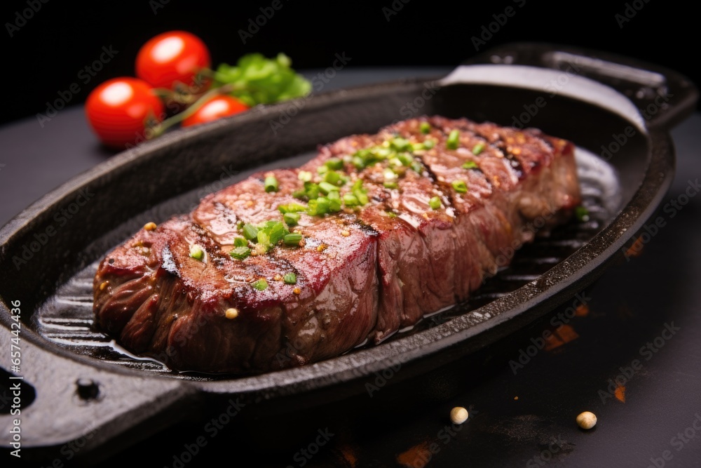 sizzling sirloin steak on a ceramic plate