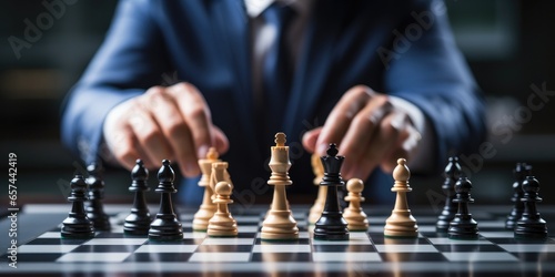 businessman moving chess piece on chess board game, generative AI