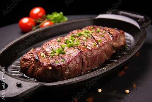 sizzling sirloin steak on a ceramic plate