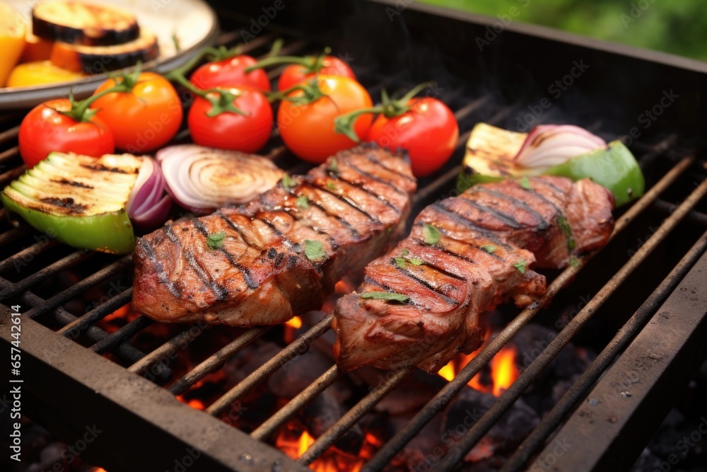 marinated steak on barbecue grill with vegetables