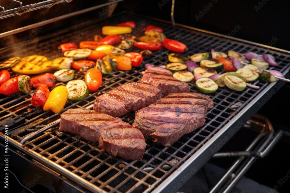 steaks grilling on a tailgate-style grill