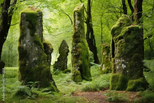 moss-covered standing stones in a calm woodland