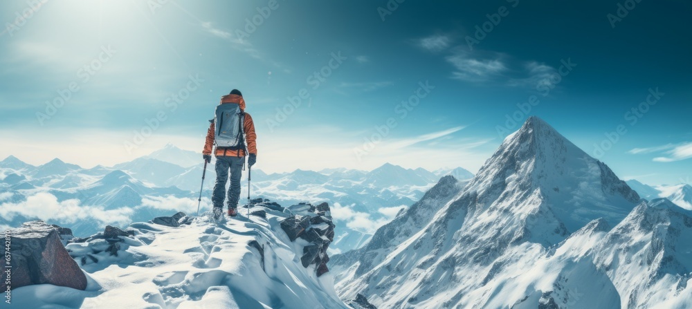 Climber climb ice mountain. Generative AI technology.