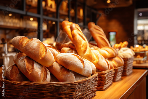 Fresh bread on bakery counter, Different types of delicious bread on baker shop shelves in baskets photo