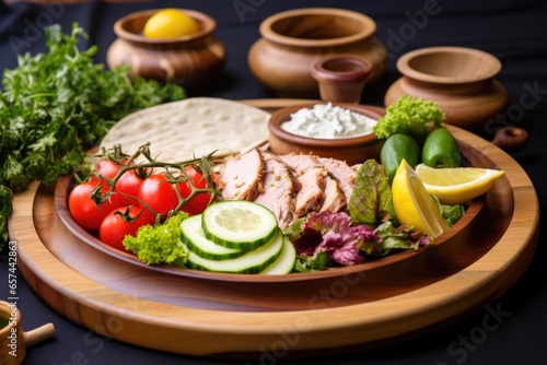 gyro served on a wooden platter with fresh vegetables