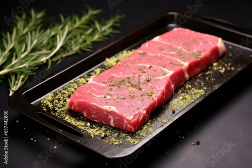 herb rub on raw steak, placed in a black tray