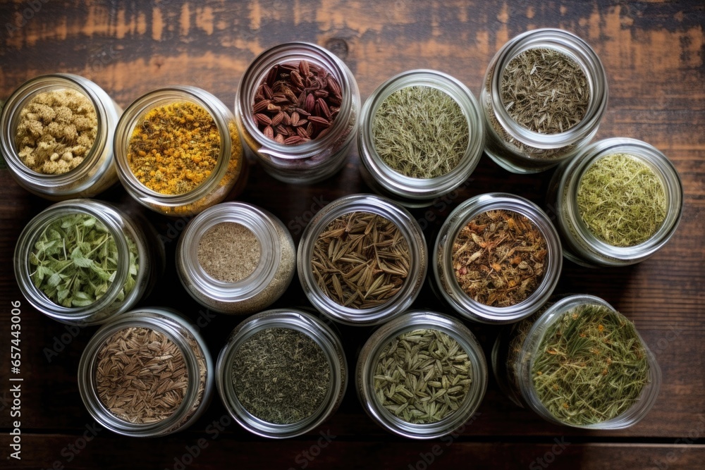top down shot of an assortment of dried herbal tea in jars top down shot of an assortment of dried herbal tea in jars