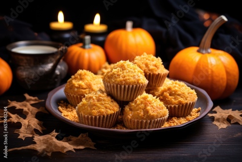 pumpkin spiced muffins with pumpkin-shaped candy on top