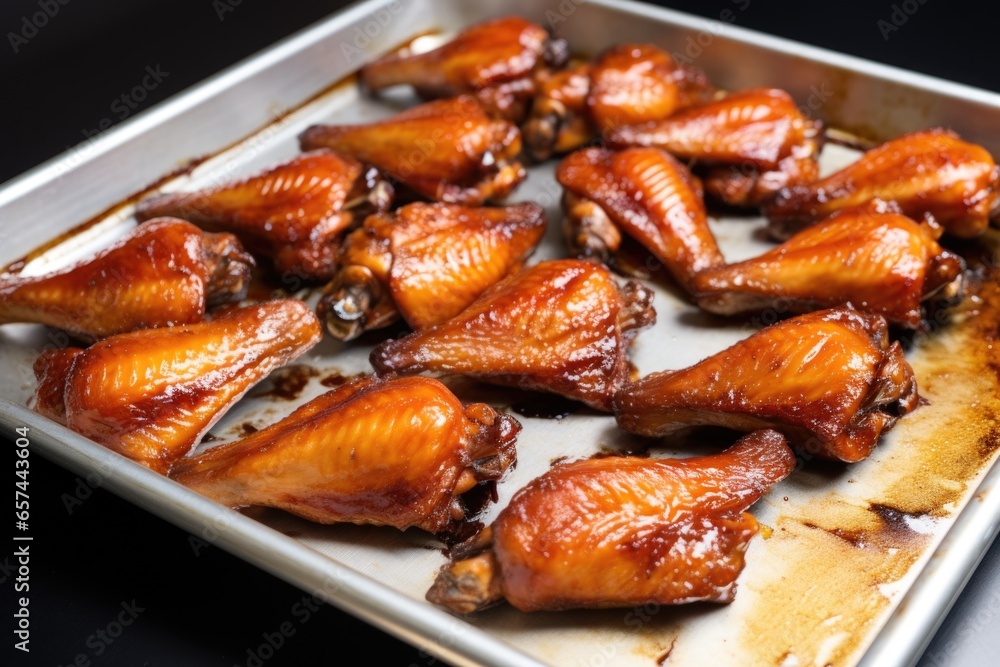 baking sheet of shiny honey bbq chicken wings just pulled from the oven baking sheet of shiny honey bbq chicken wings just pulled from the oven