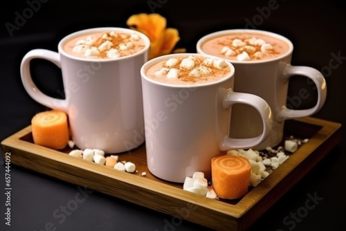 mugs of hot chocolate with marshmallows on tray