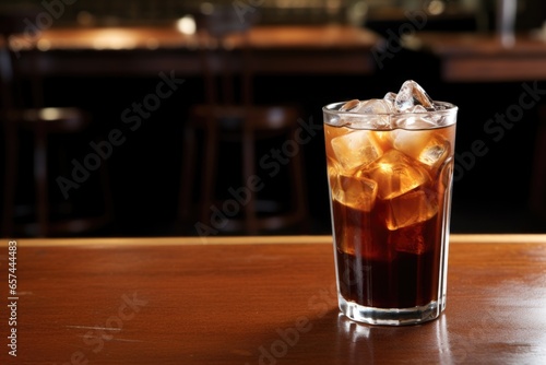 a steaming cup of coffee next to an iced soda on a table