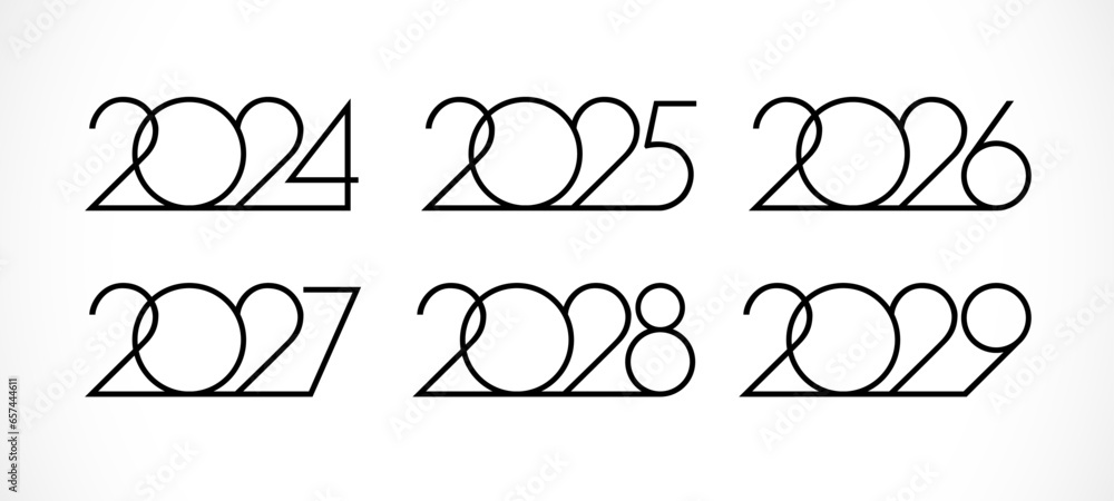 Set of creative numbers from 2024 to 2029. Happy new year icons 2025, 2026, 2027 and 2028. Calendar or planner title. Business style. Black and white concept. Isolated graphic design. Typographic idea - obrazy, fototapety, plakaty 