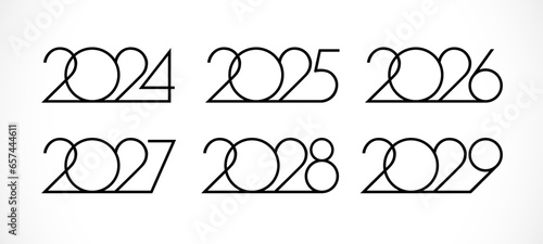 Set of creative numbers from 2024 to 2029. Happy new year icons 2025, 2026, 2027 and 2028. Calendar or planner title. Business style. Black and white concept. Isolated graphic design. Typographic idea photo