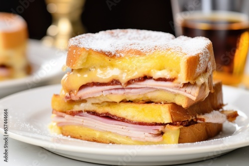 a close-up shot of a monte cristo sandwich on a white plate