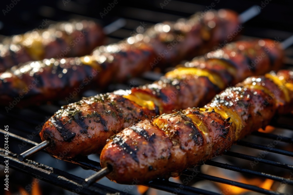 bbq sausage with mustard marks on a steel grill