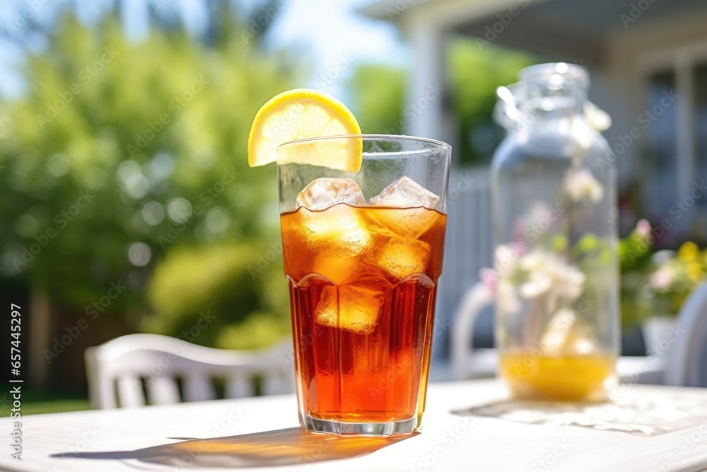 iced tea splashing out of a glass set on a sunny patio table iced tea splashing out of a glass set on a sunny patio table