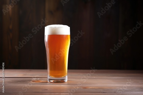 ipa beer glass filled to the brim, set on wooden table