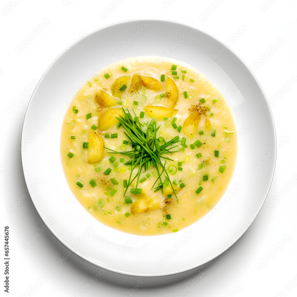 bowl of delicious leek and potato isolated on white background bowl of delicious leek and potato isolated on white background