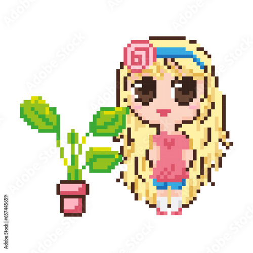 Pixel girl character with flower. Girl character  anime  chibi. Vector illustration