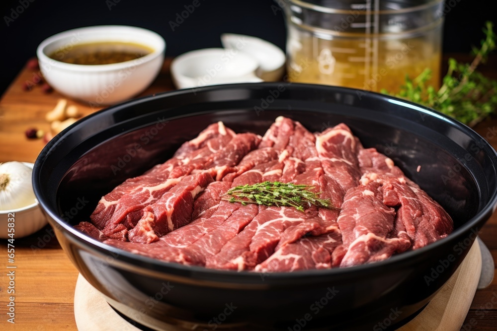 raw bulgogi beef marinating in a bowl with garlic and onions raw bulgogi beef marinating in a bowl with garlic and onions