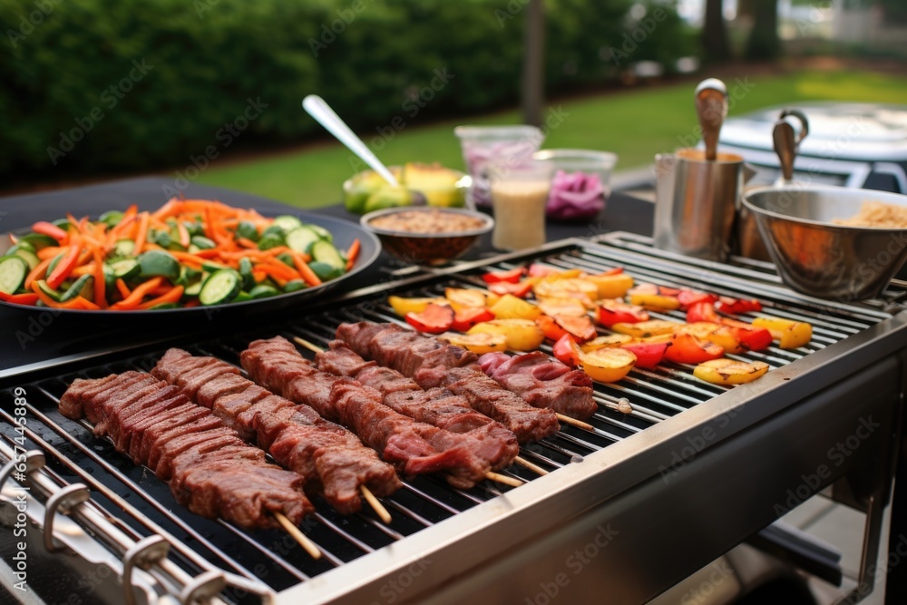 korean bbq setup with bulgogi beef strips on the grill