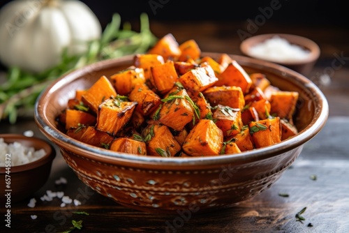 a pile of sweet potatoes roasted and served in a bowl