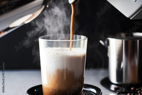 closeup of a coffee maker pouring steaming oat milk cappuccino into a mug