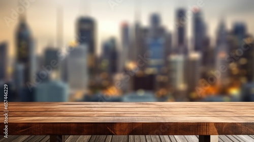 The empty wooden table top with blur background of business district and office building in autumn. Exuberant image.