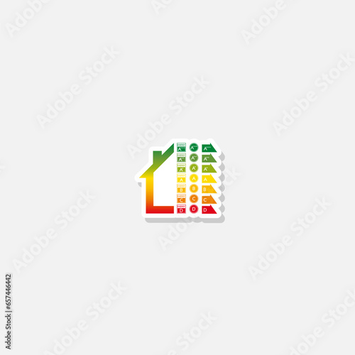 Energy efficiency arrows and house icon sticker isolated on gray background