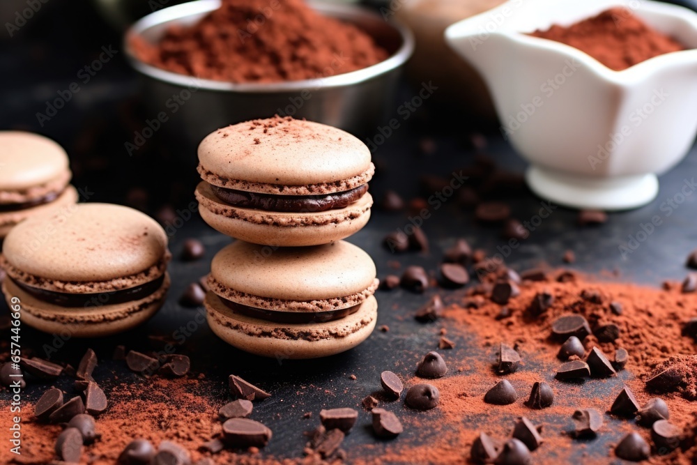 chocolate macarons with cacao nibs and powder sprinkled around chocolate macarons with cacao nibs and powder sprinkled around
