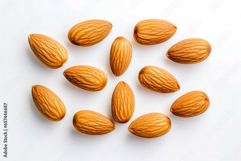 Almonds fresh healthy nuts on white plain background. Isolated on solid background. Almonds fresh healthy nuts on white plain background. Isolated on solid background.