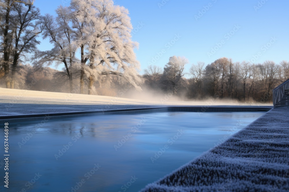 an unfilled outdoor pool with frost around the edges