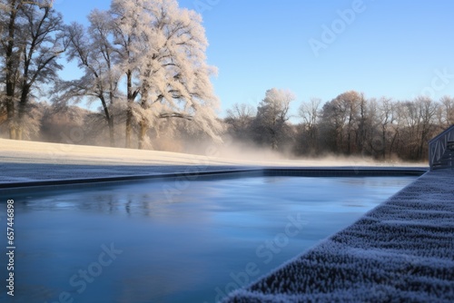 an unfilled outdoor pool with frost around the edges © altitudevisual