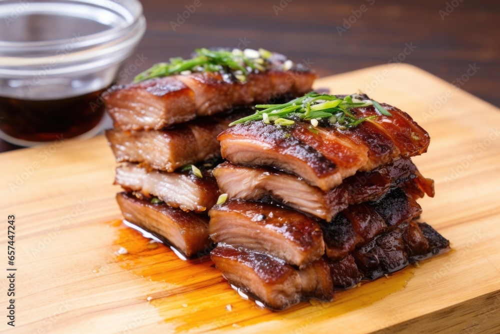 soy-based marinade seeping into stacked pork belly slices