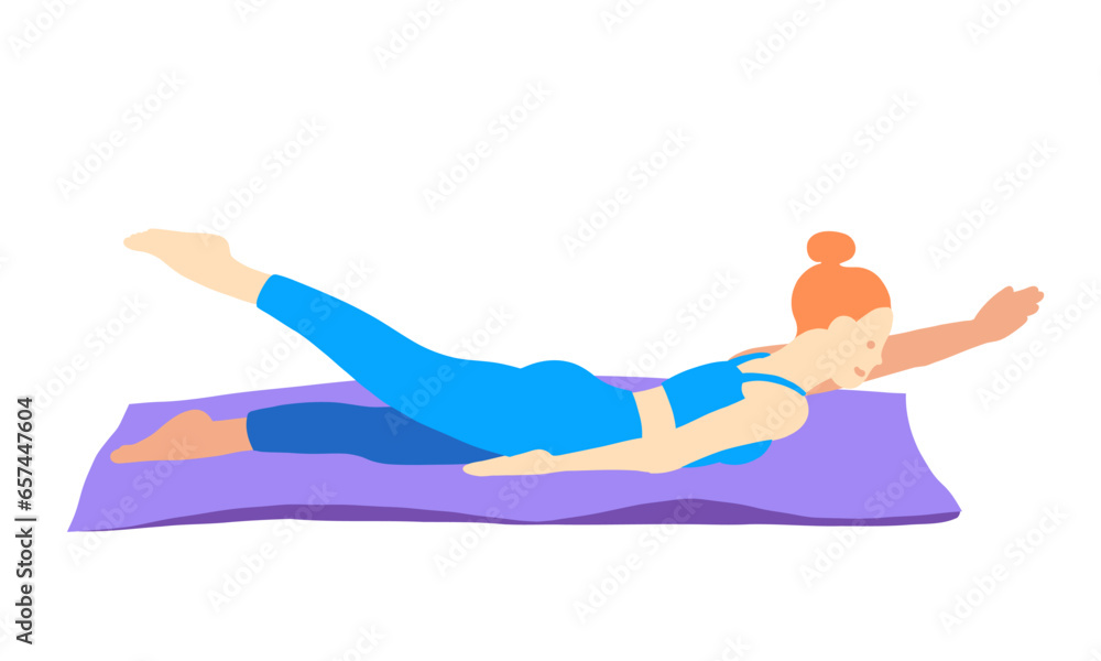 Training in yoga pose of rad hair European girl in blue tracksuit on a