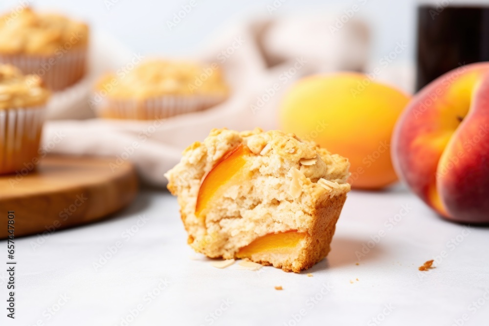 peach muffin with a single peach slice beside it peach muffin with a single peach slice beside it